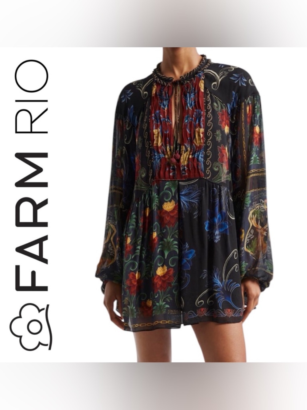 FARM Rio Mixed Arabesque Scarves Long Sleeve Mini Dress OVERSIZED XS